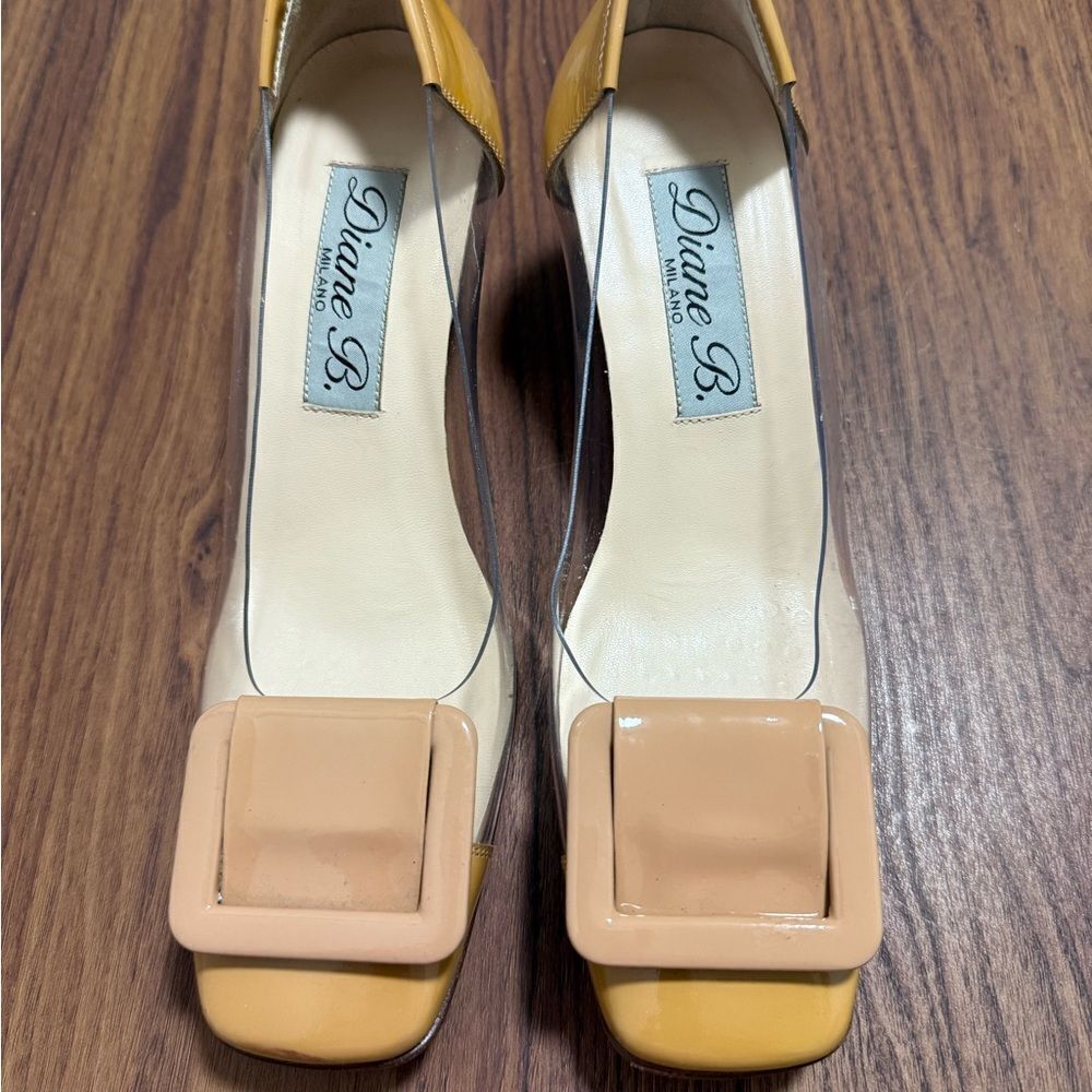 Diane B Tessa Lucite Block Heel Pump in Nude Patent Leather. Size 37.